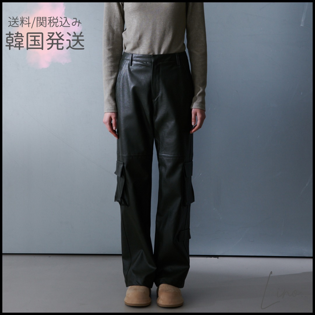 【Ordes】関税/送料込み Faux leather cargo trouser-Deep Green