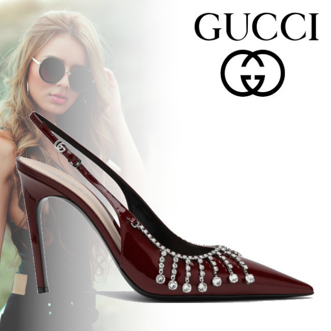 正規店買付【GUCCI】クリスタルチェーン ボルドー パンプス