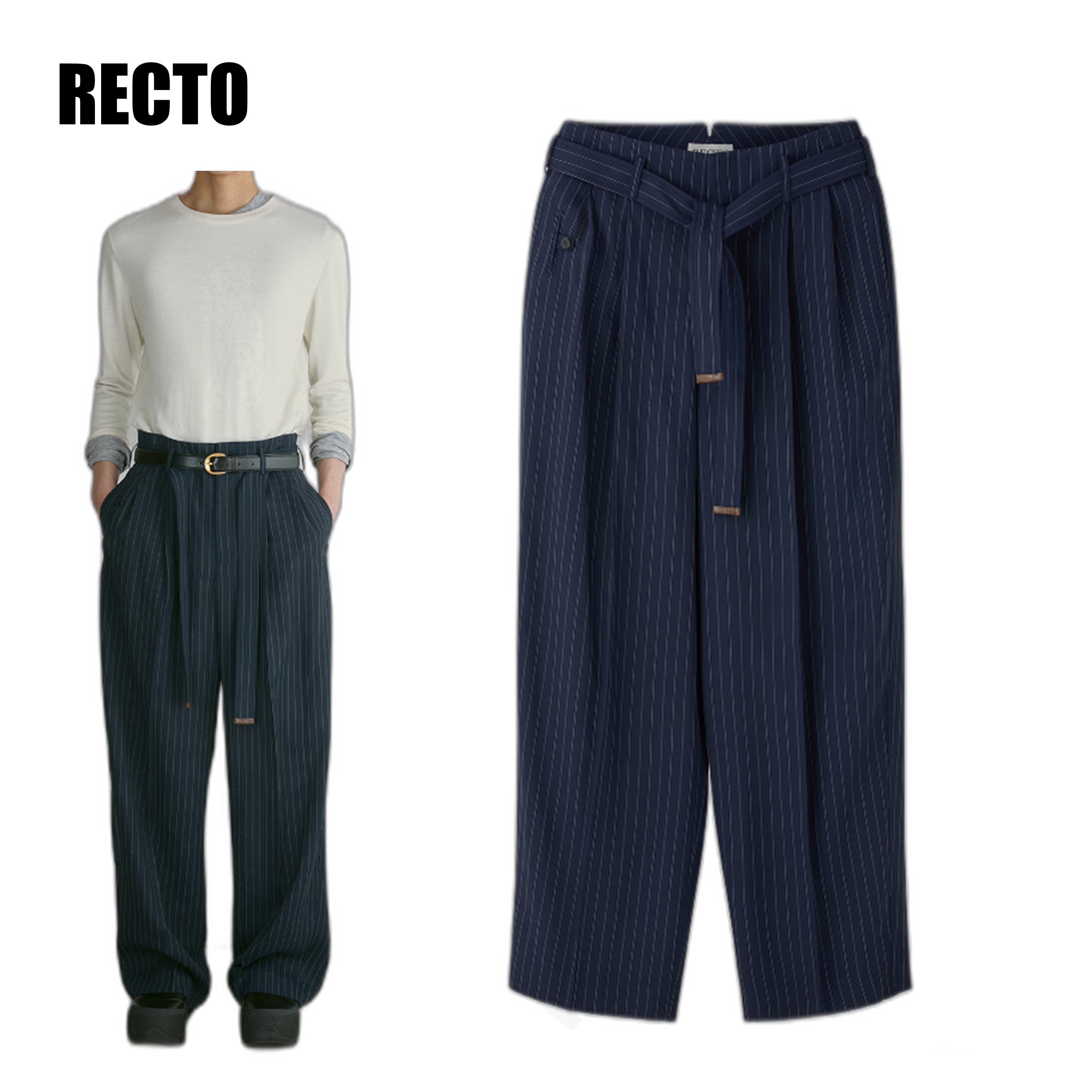[RECTO] SUSTAINABLE PIN STRIPE BELT DETAIL PANTS ☆送料込☆
