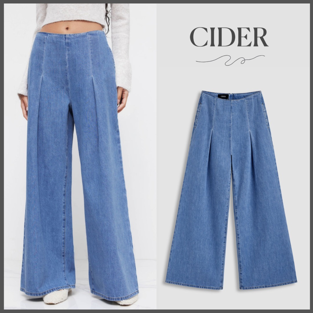 *CIDER* デニム ハイライズ プリーツ ワイドレッグ ジーンズ