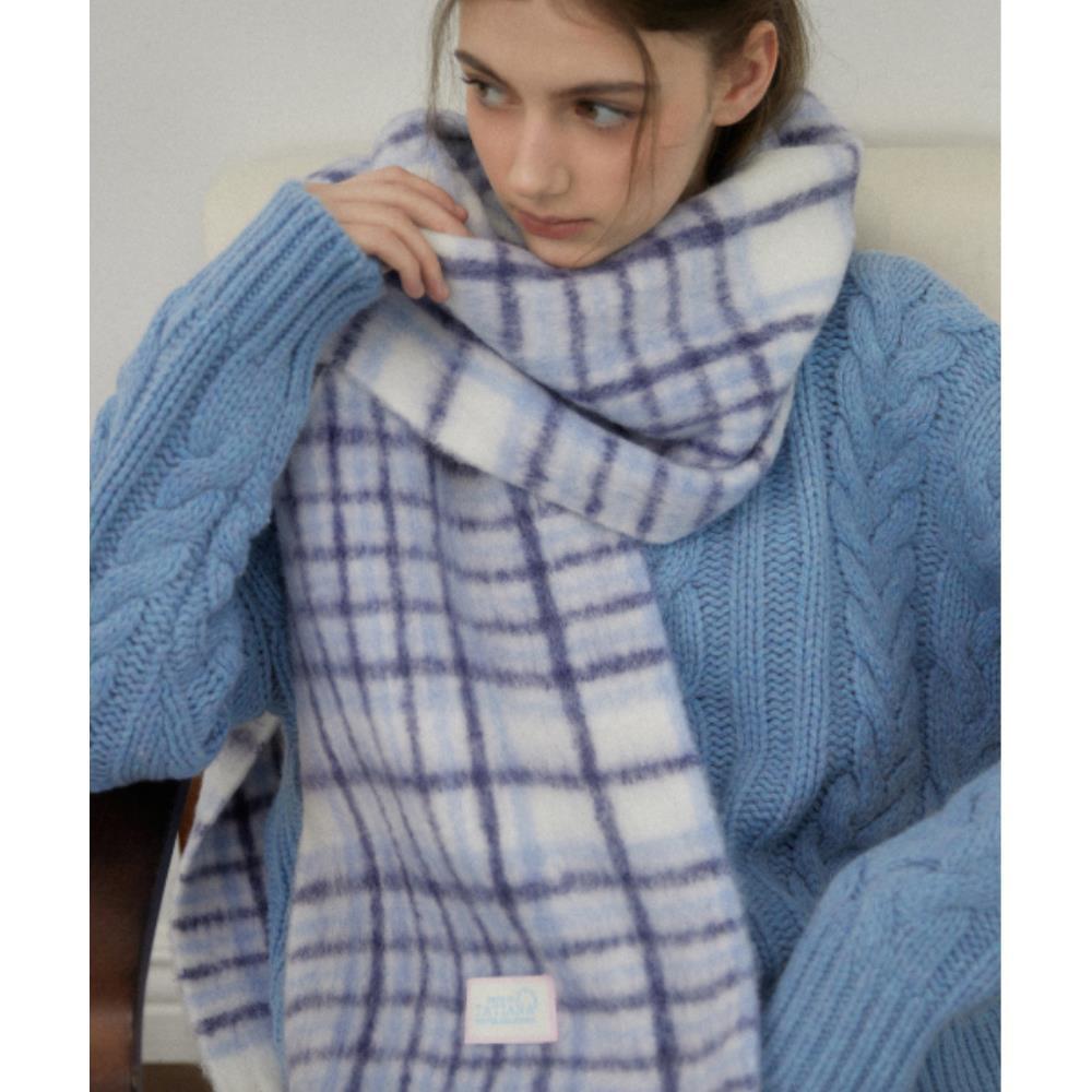 マフラー・ストール TATIANA Snug Checked Wool Blended Muffler MF8108 Blue
