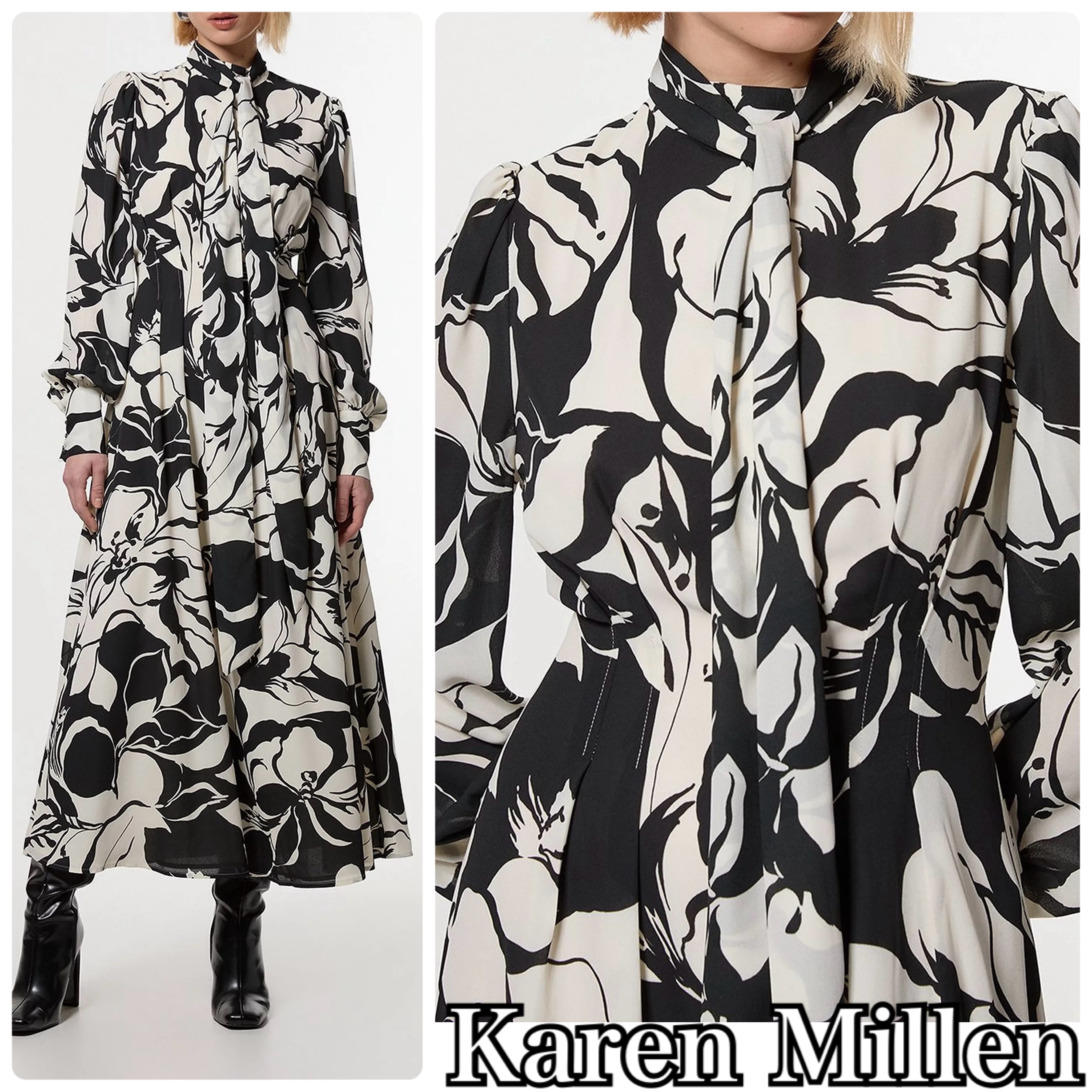 【Karen Millen】プリント タイ ネック マキシ ワンピース