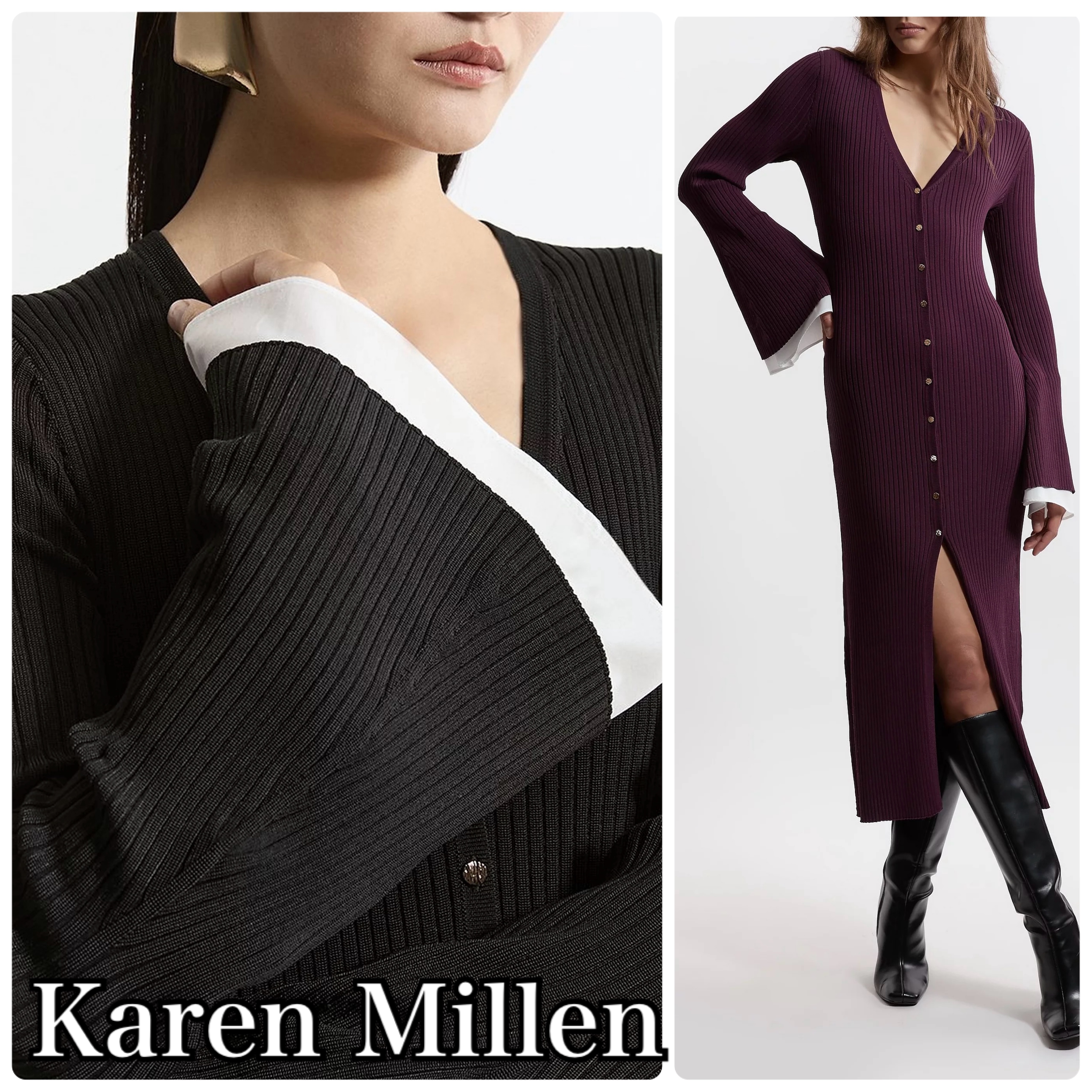 【Karen Millen】ドレープ リブニットカフ マキシ ワンピース