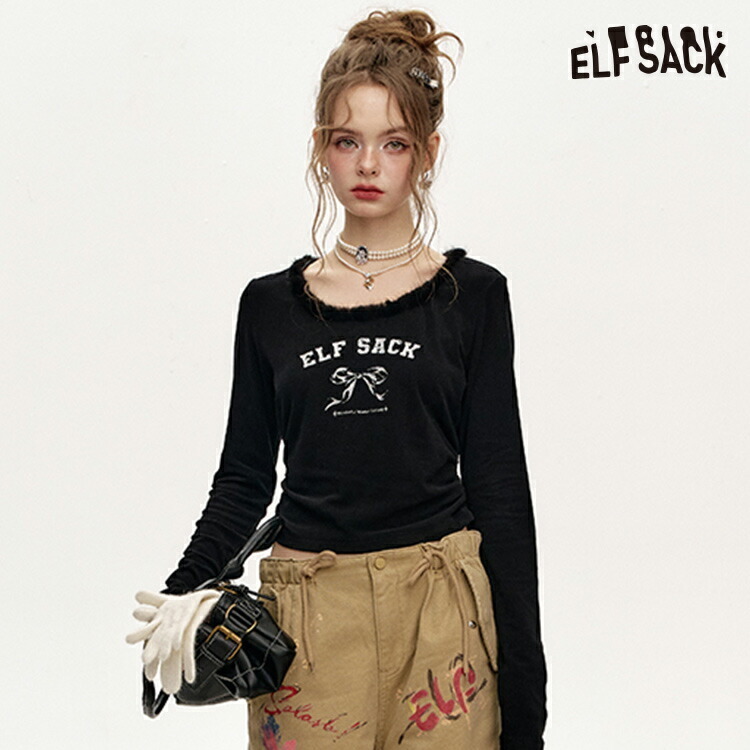 ELFSACK Tシャツ トップス ロゴ リボン スリム 長袖