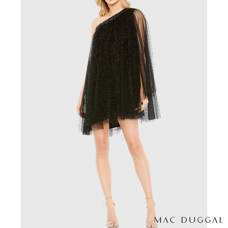 Mac duggal エンベリッシュ ワンショルダー ケープ ドレス