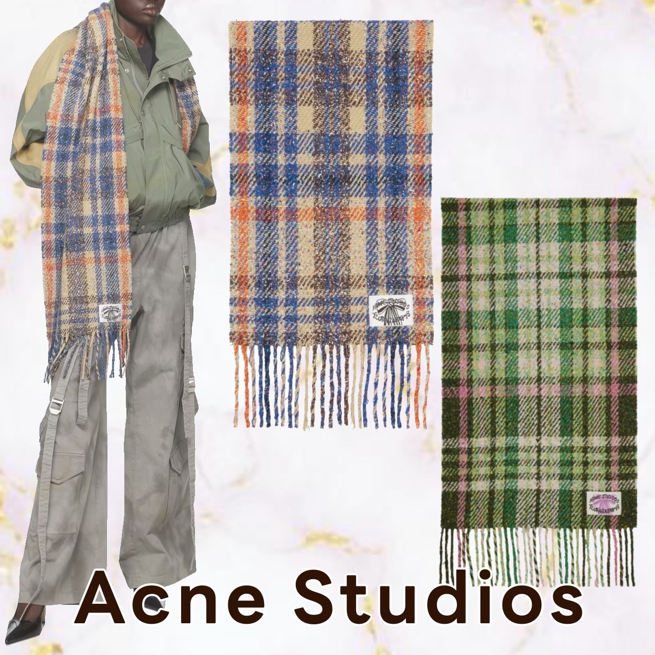 リボンラベルが可愛い【Acne Studios】チェックフリンジスカーフ