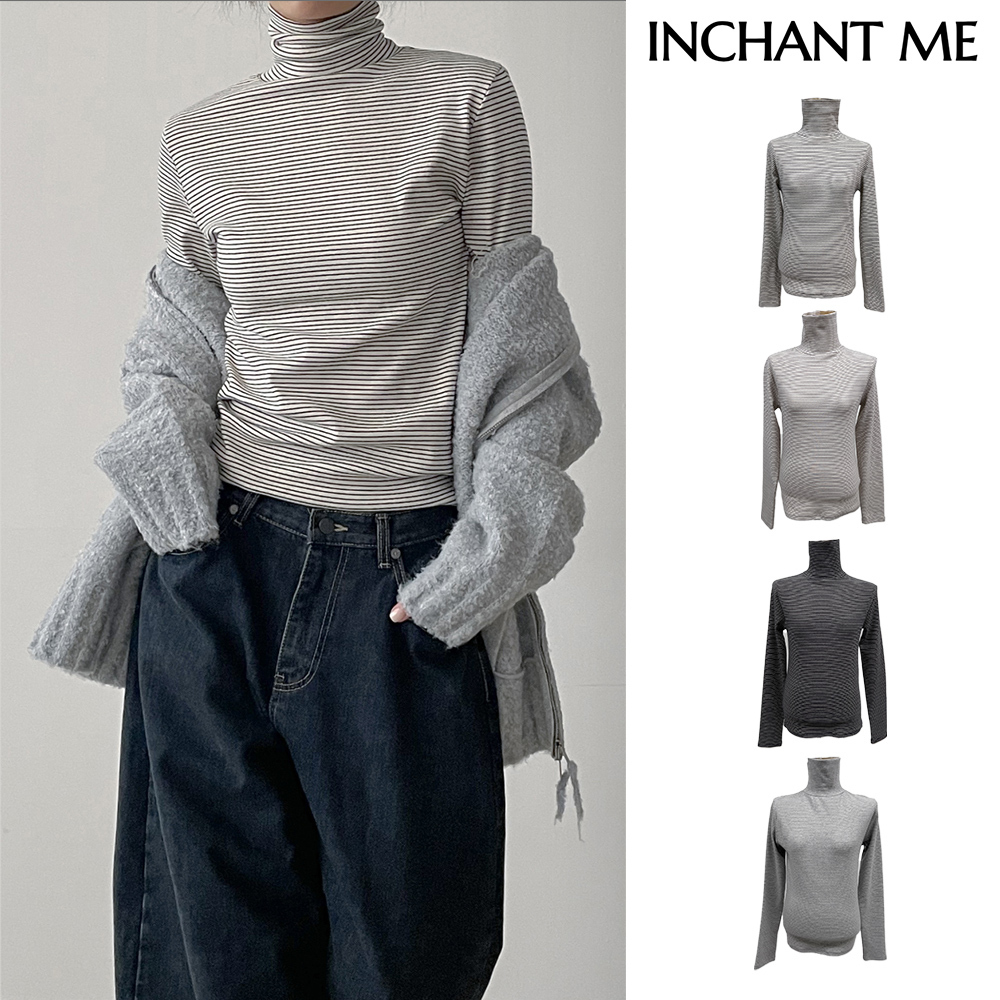 【INCHANT ME】Stripe Fleece Turtleneck T-Shirt
