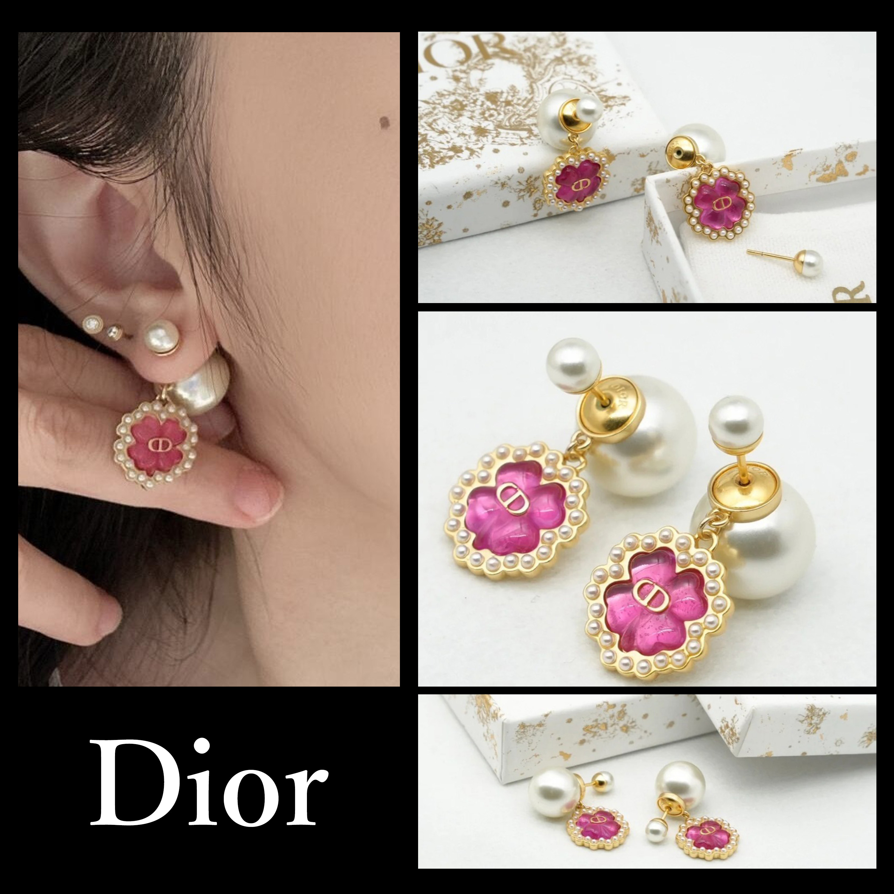 可愛いクローバー♪【 Dior 】ホワイト レジン パール ピアス クローバーがCUTE♡【 Dior 】ホワイトレジン パールピアス
