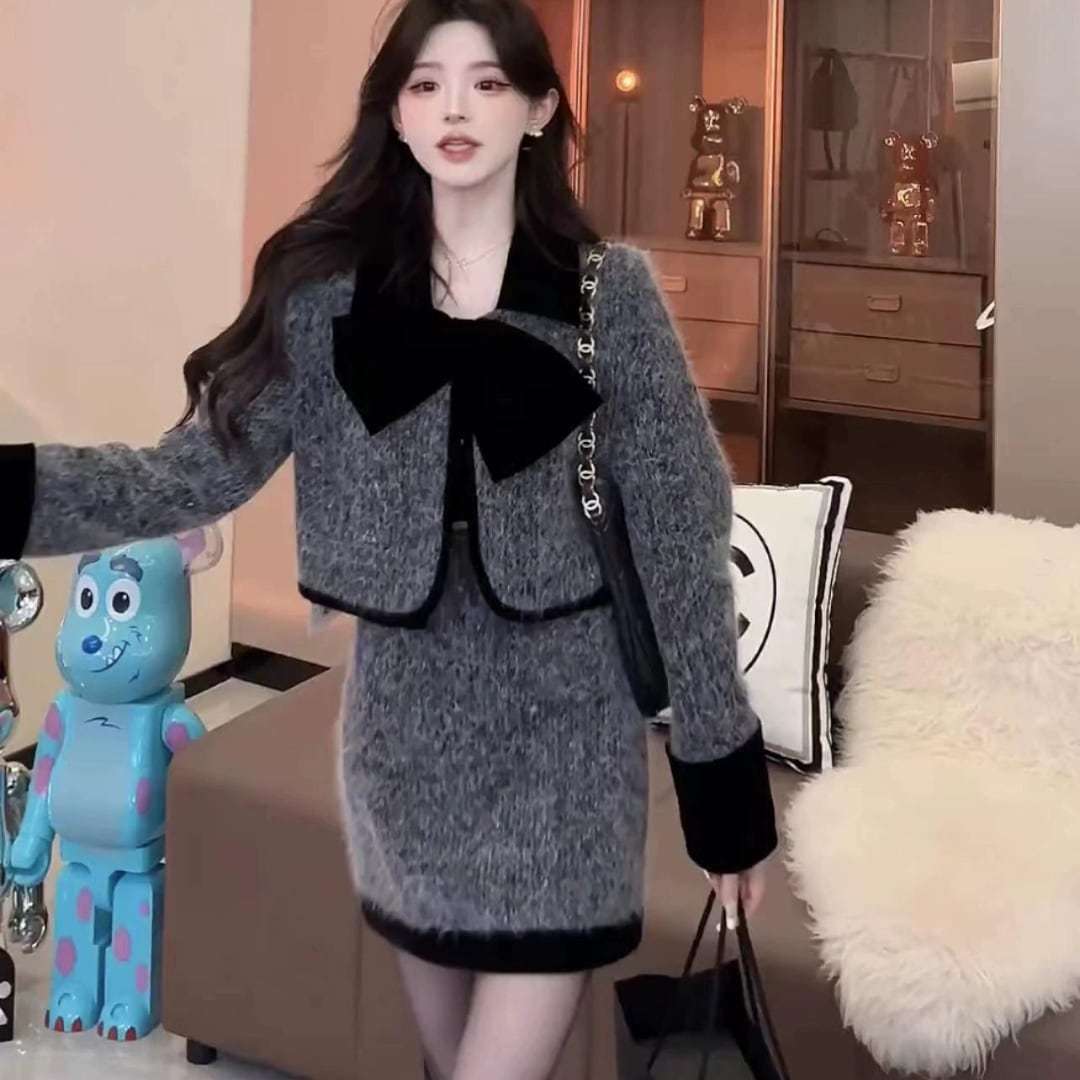 ジャケット ミニスカート ニット 長袖 セットアップ 起毛 韓国