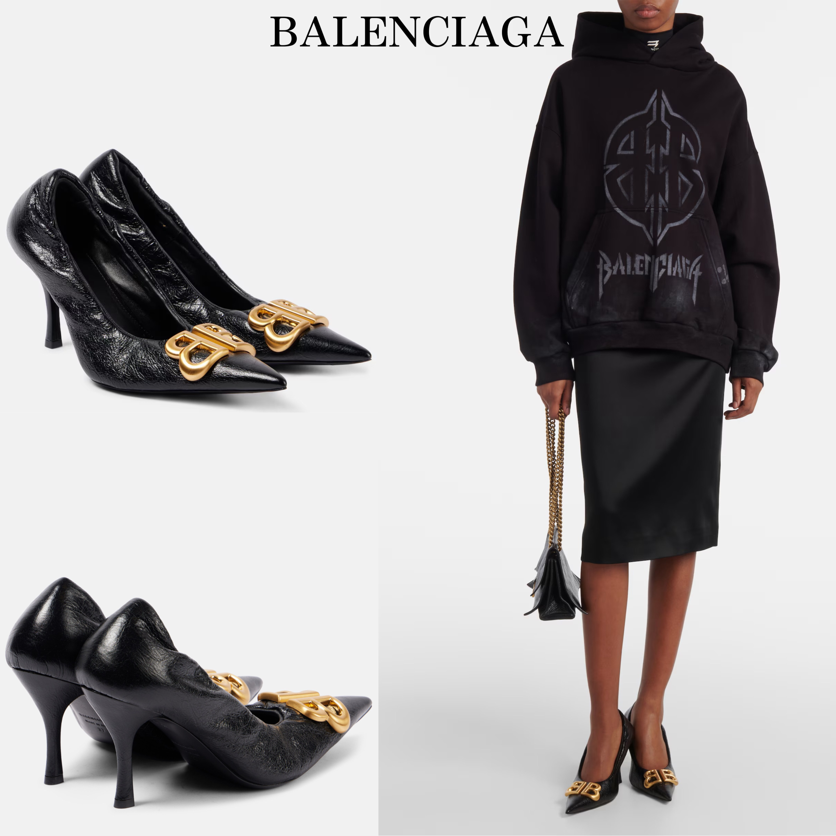 新作 *BALENCIAGA* モナコ90 レザーパンプス ゴールドロゴ