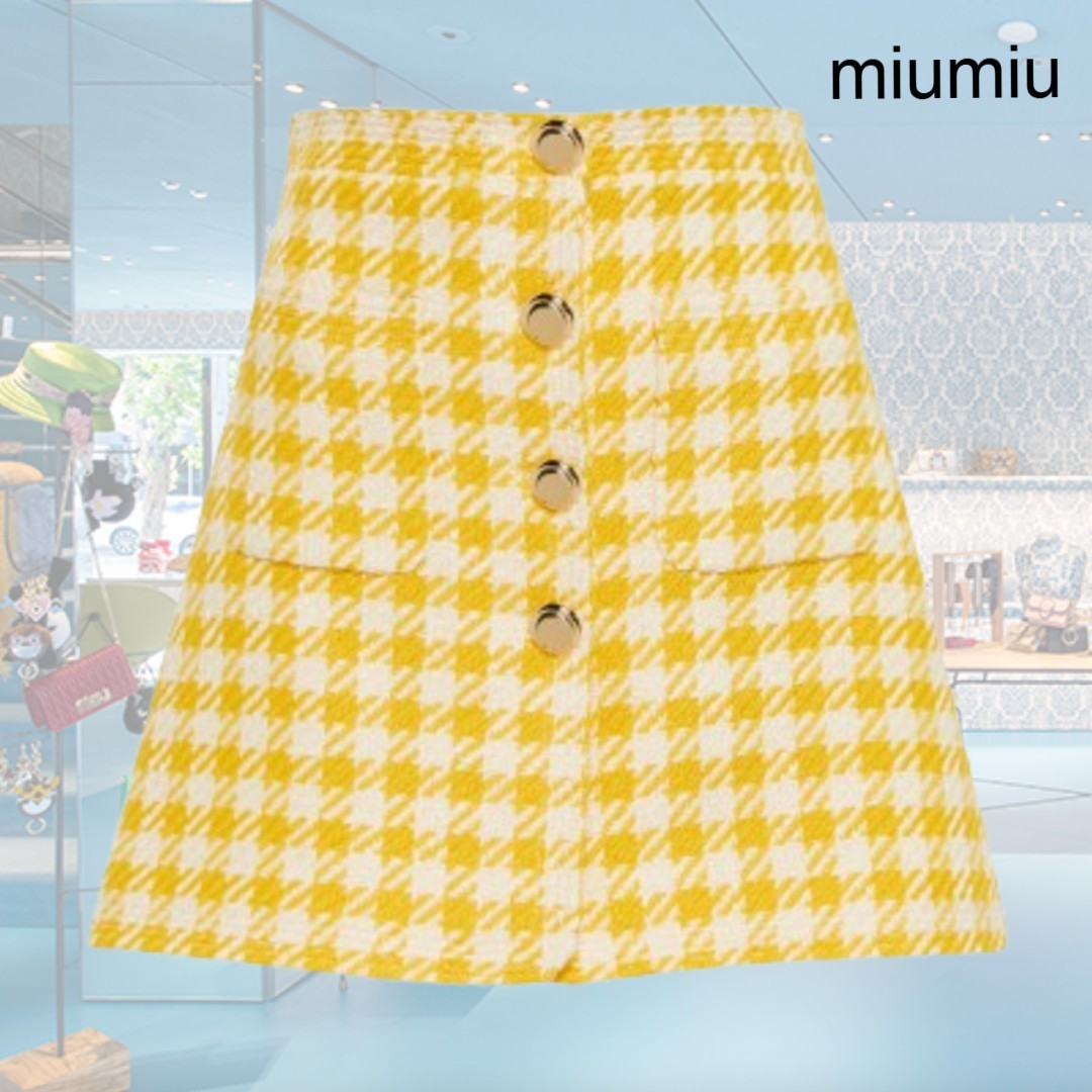 【希少】MiuMiu ロゴ 千鳥格子ウール混 ミニスカート イエロー