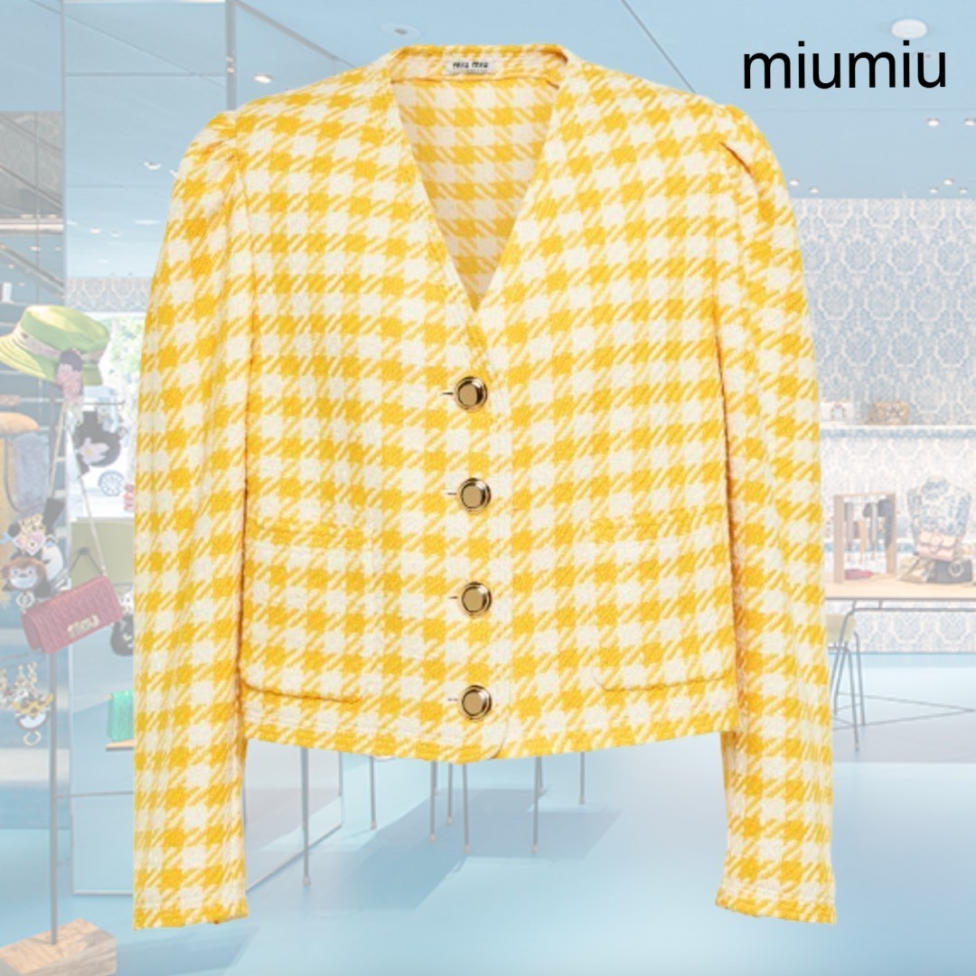 【希少】MiuMiu ロゴ 千鳥格子ツイードクロップドジャケット
