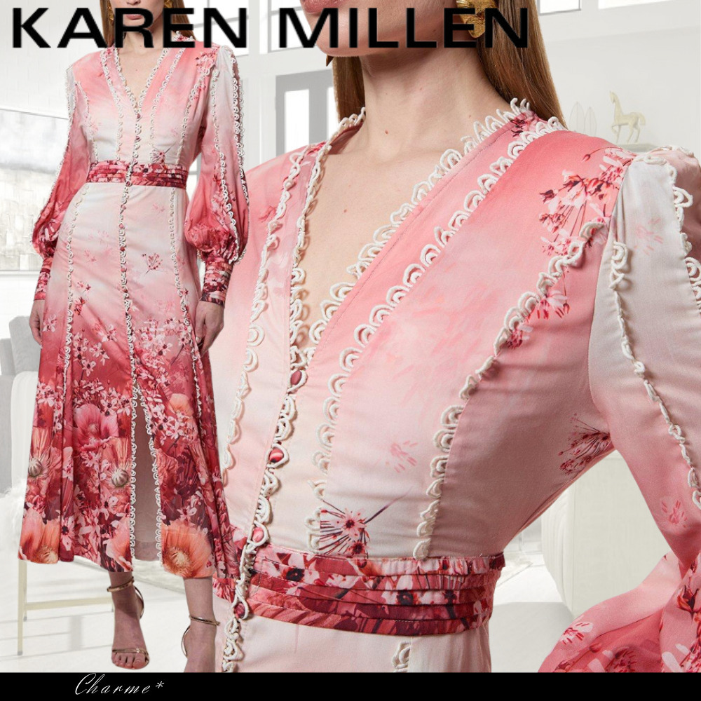 KAREN MILLEN ドレス ワンピース 長袖 Vネック 花柄 フレア