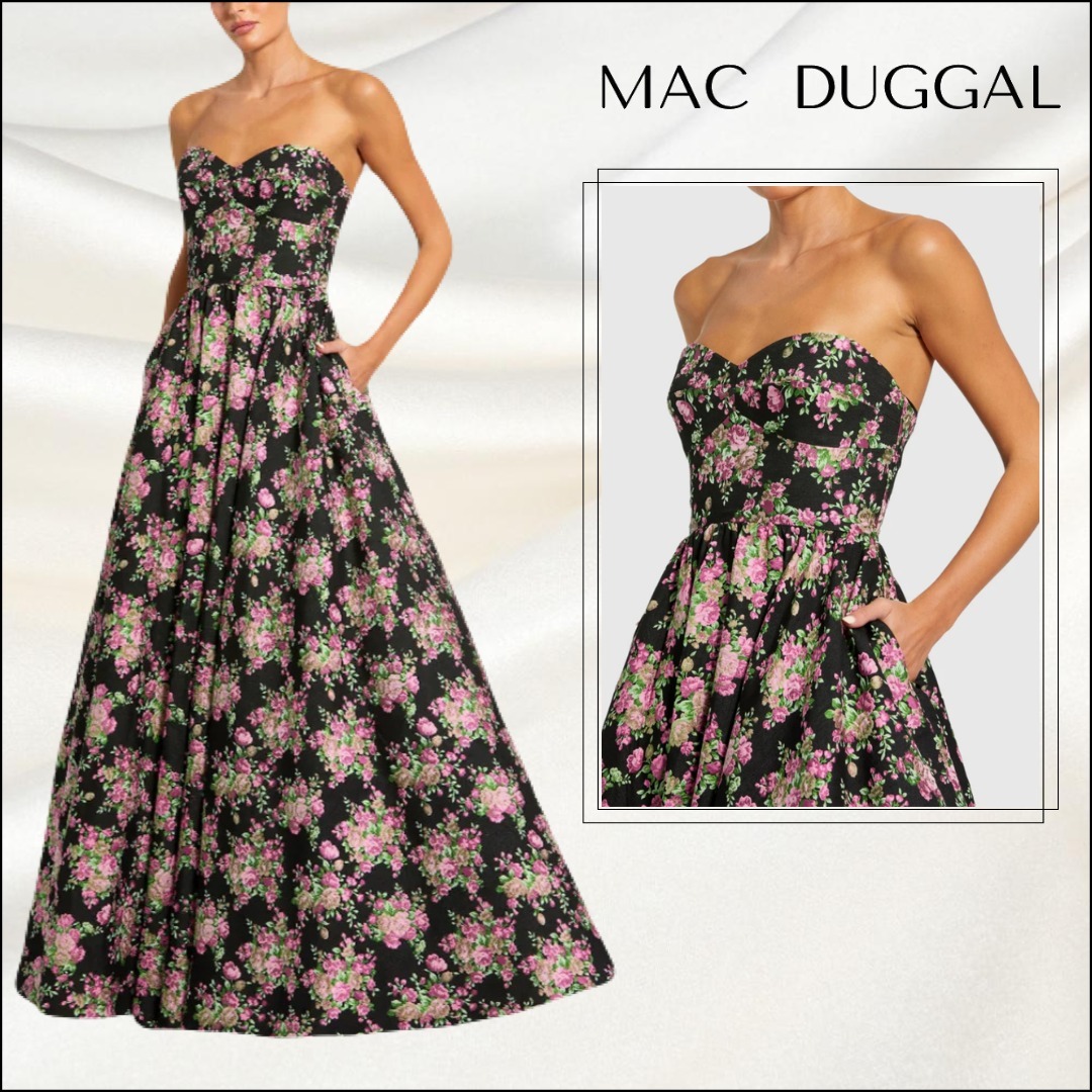 関税送料込【MACDUGGAL】ロングドレス ブロケード 花柄 ブラック