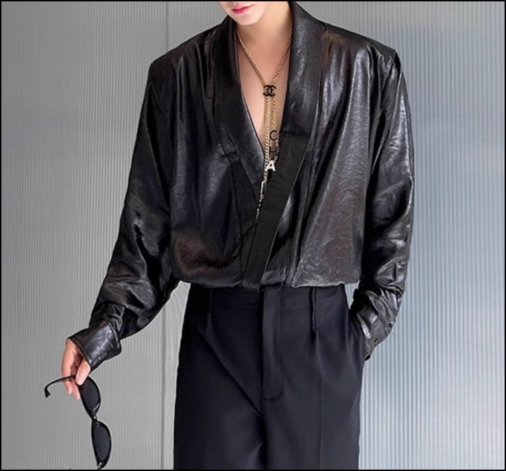 カシュクール PUレザー 長袖シャツ セクシー ドレスシャツ