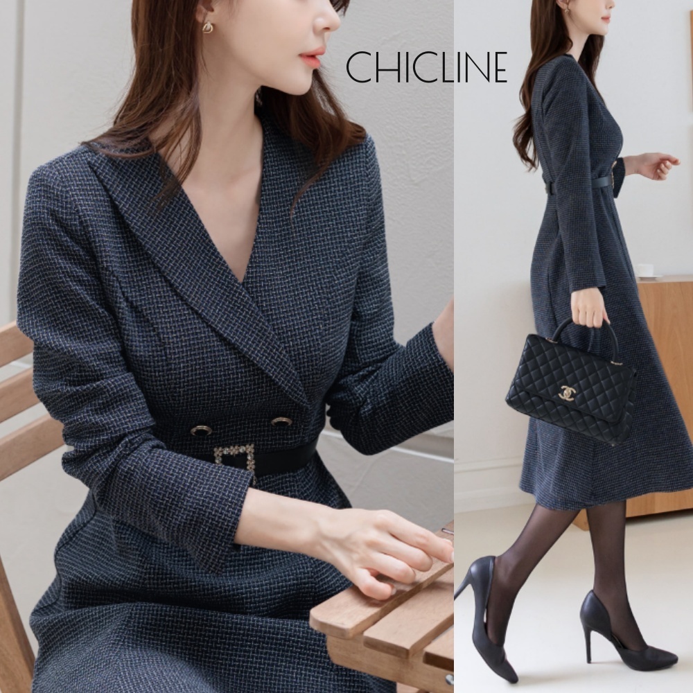 【CHICLINE 】ショールカラーベルト付きツイードワンピース