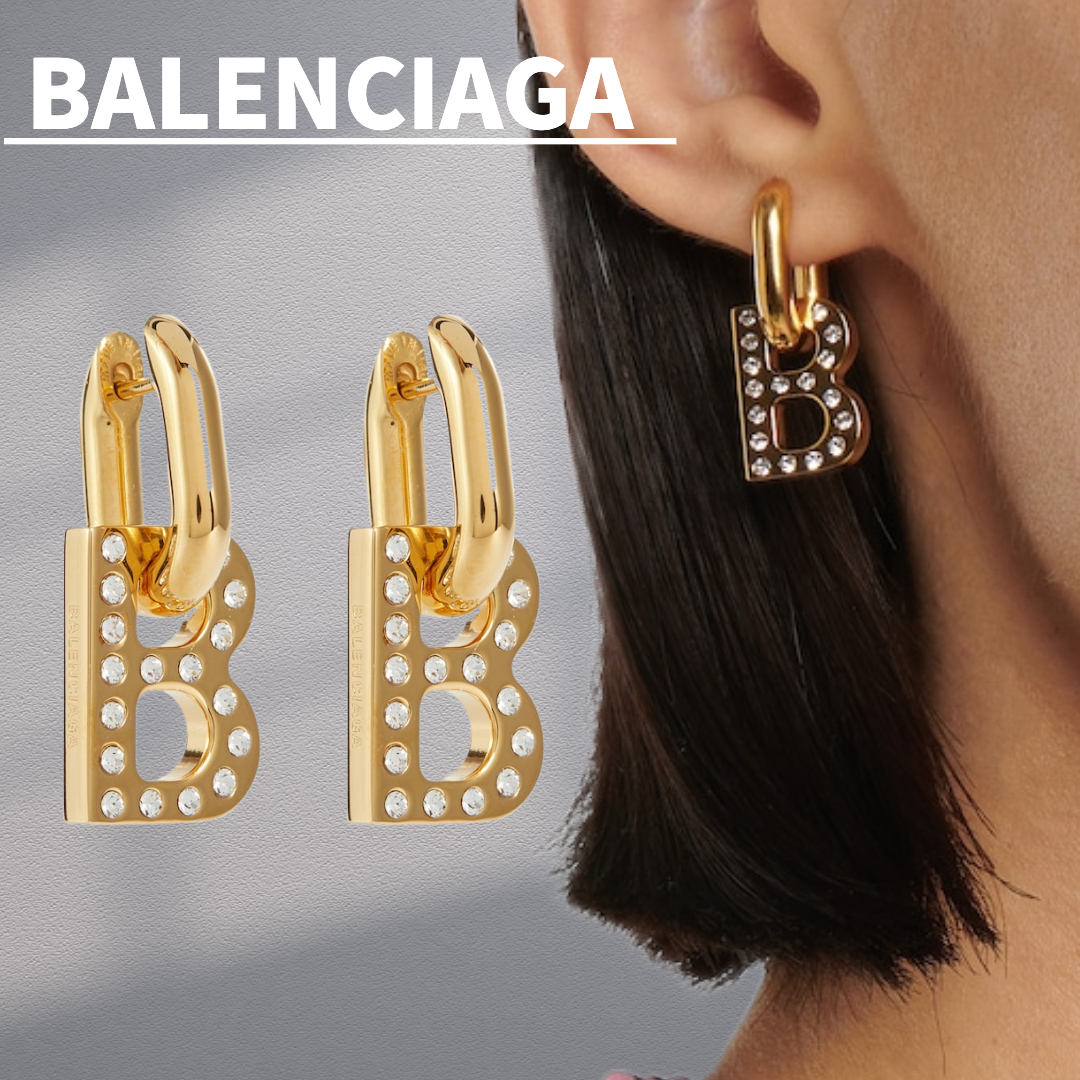 関税込【BALENCIAGA】BチェーンXS装飾ピアス Gold/Crystal