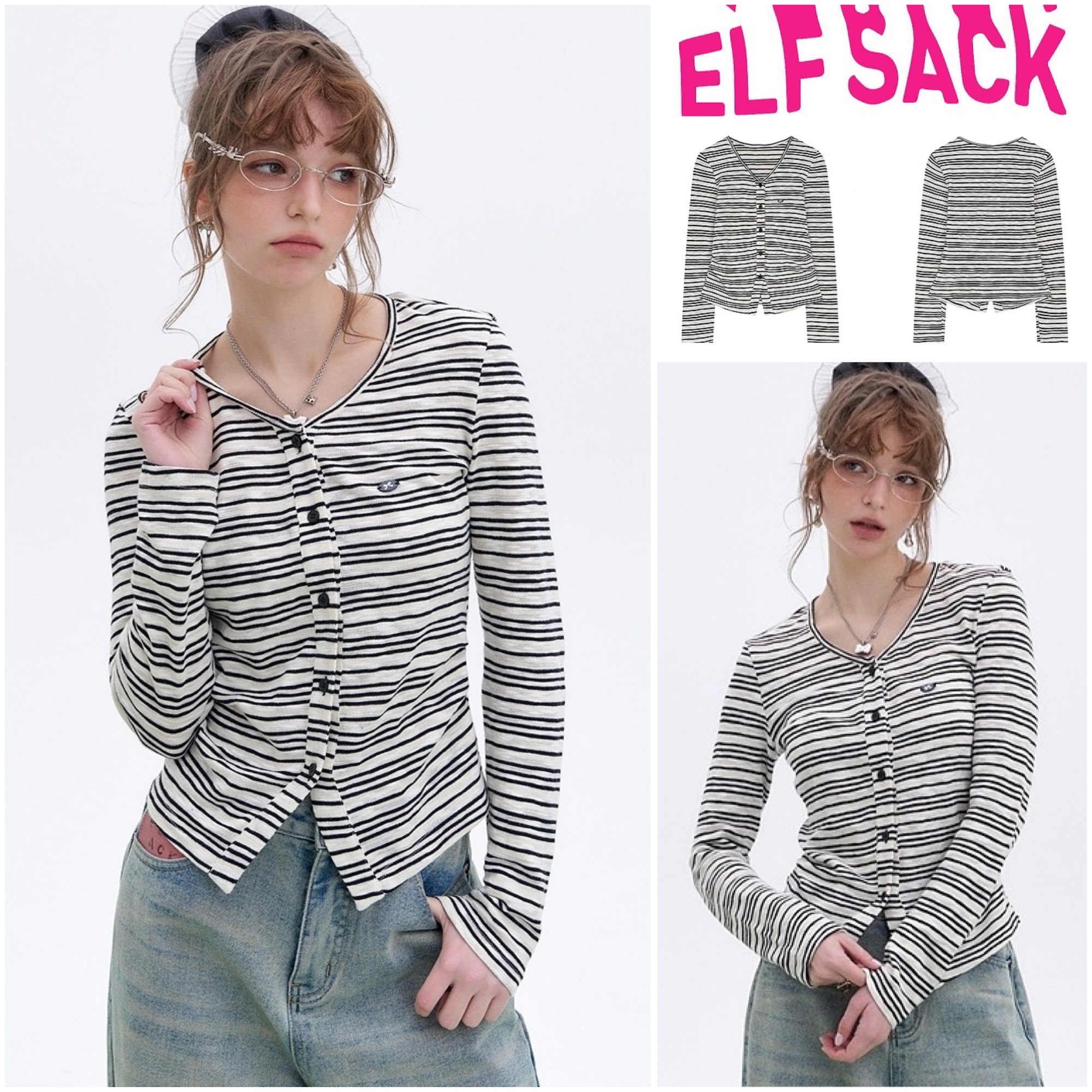 ★ELF SACK★ Vネック ボーダー スリム ロンT /送料込