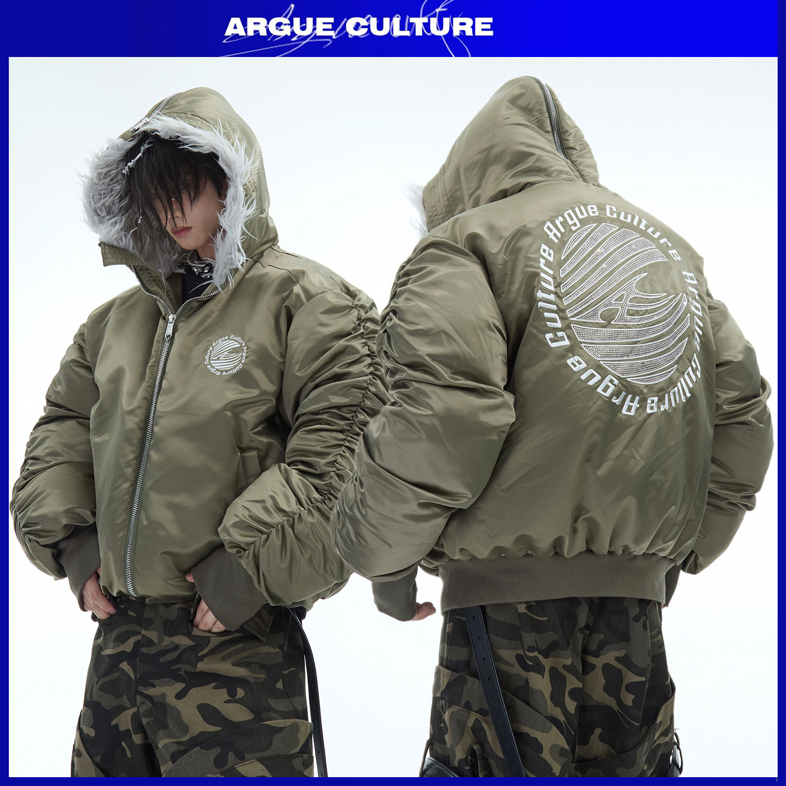 ArgueCultureデザイン感中綿ジャケットふわふわフード付き