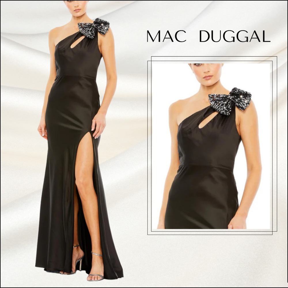 関税送料込【MAC DUGGAL】ロング ドレス サテン リボン ブラック