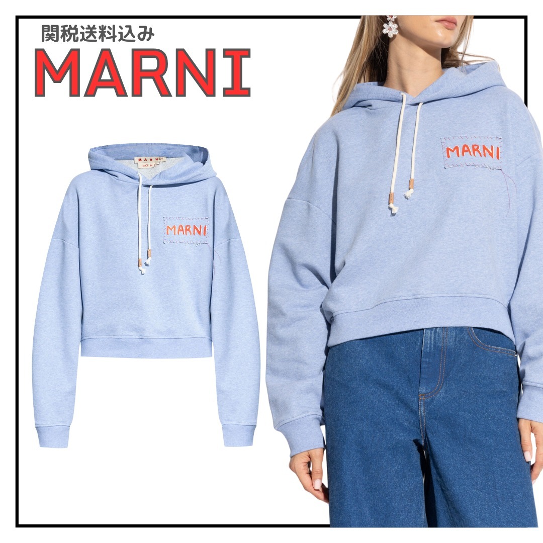 関税込★VIP価格【MARNI】ロゴパッチ ドローストリング パーカー MARNI】ロゴ アップリケ ドローストリング 長袖 パーカー
