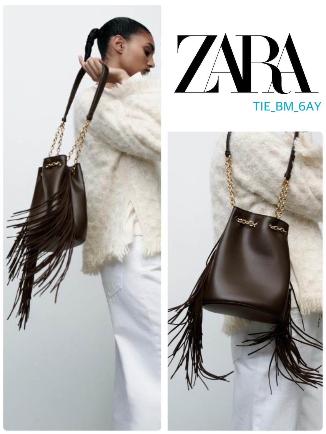 スペイン発送 ZARA 円筒形フリンジポケット ブラウン 数量限定！