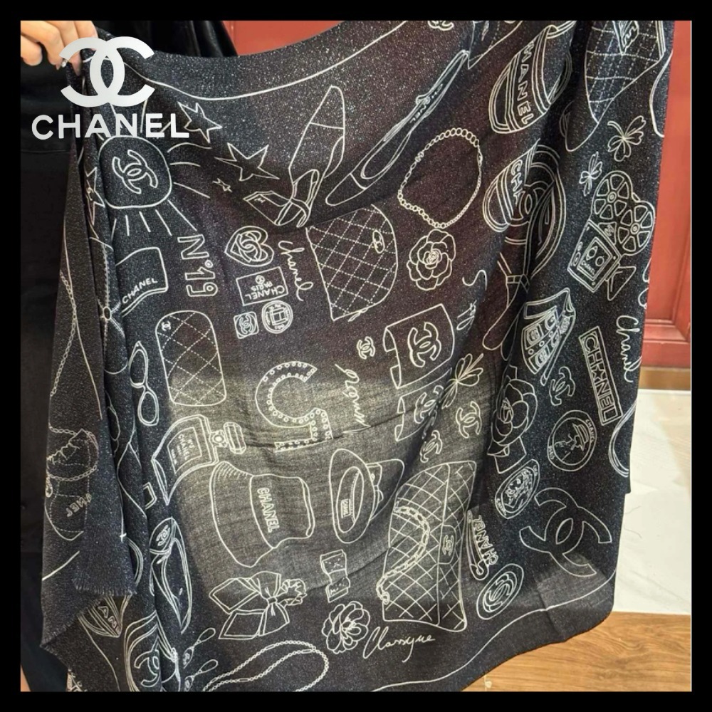お中元 お歳暮 お年賀 夏 冬 年末年始のご挨拶 ギフト 通販な 手書きが可愛い♪】CHANEL ストール 大判パレオ ブラック 小物