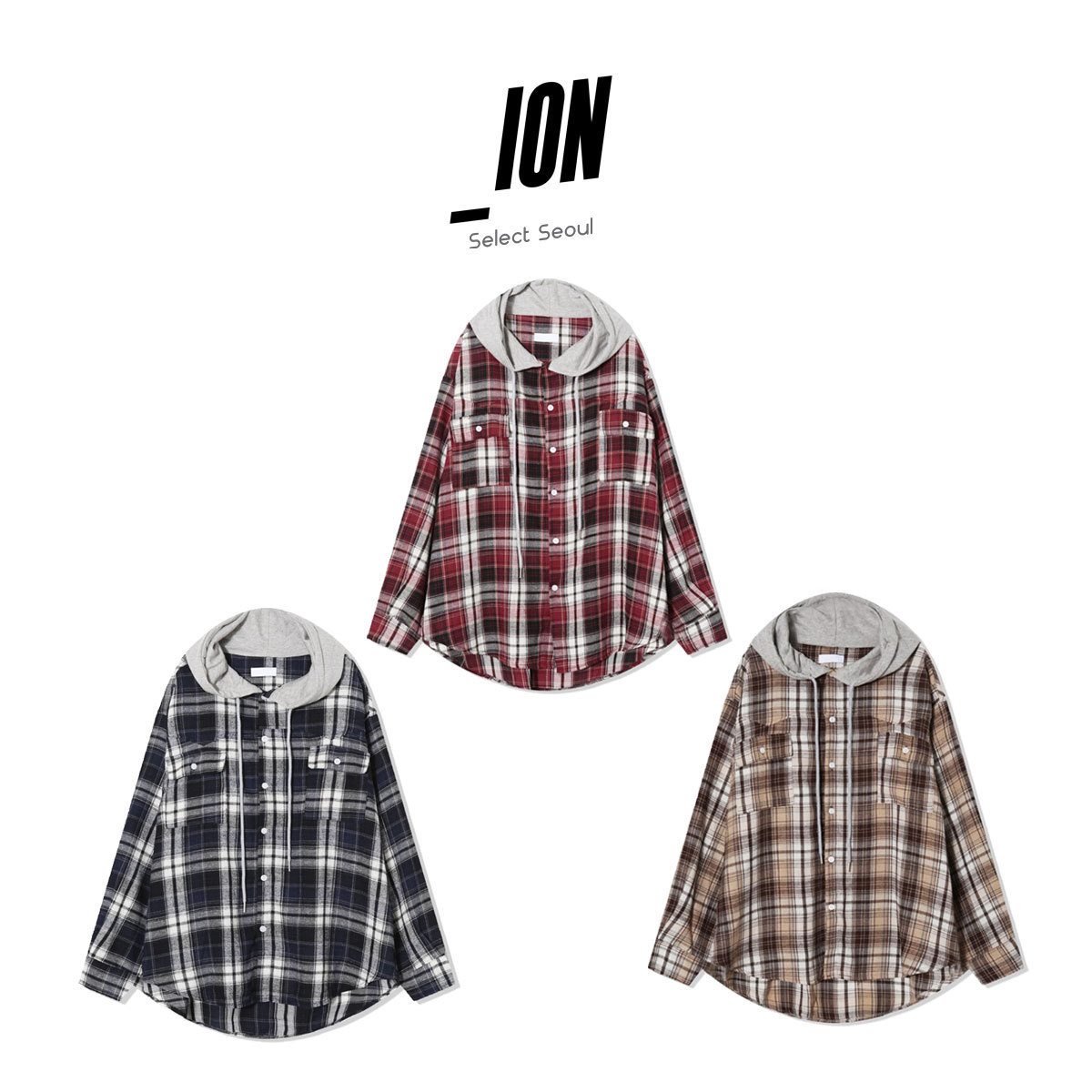 【IONSEOUL】Wake check hooded shirt 5FM0207