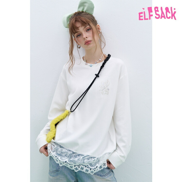ELFSACK Tシャツ トップス 金魚 丸首 長袖 レース切替
