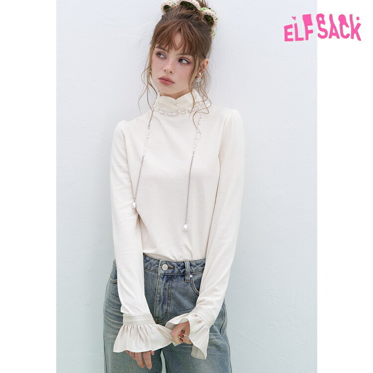 ELFSACK Tシャツ トップス ハイネック パール 長袖 丸首