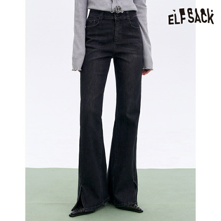 ELFSACK ジーパン レトロ スリット ハイウエスト フレアパンツ