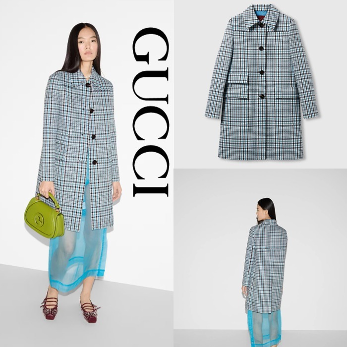 日本未入荷【GUCCI】チェック ウールクレープ コート、ブルー