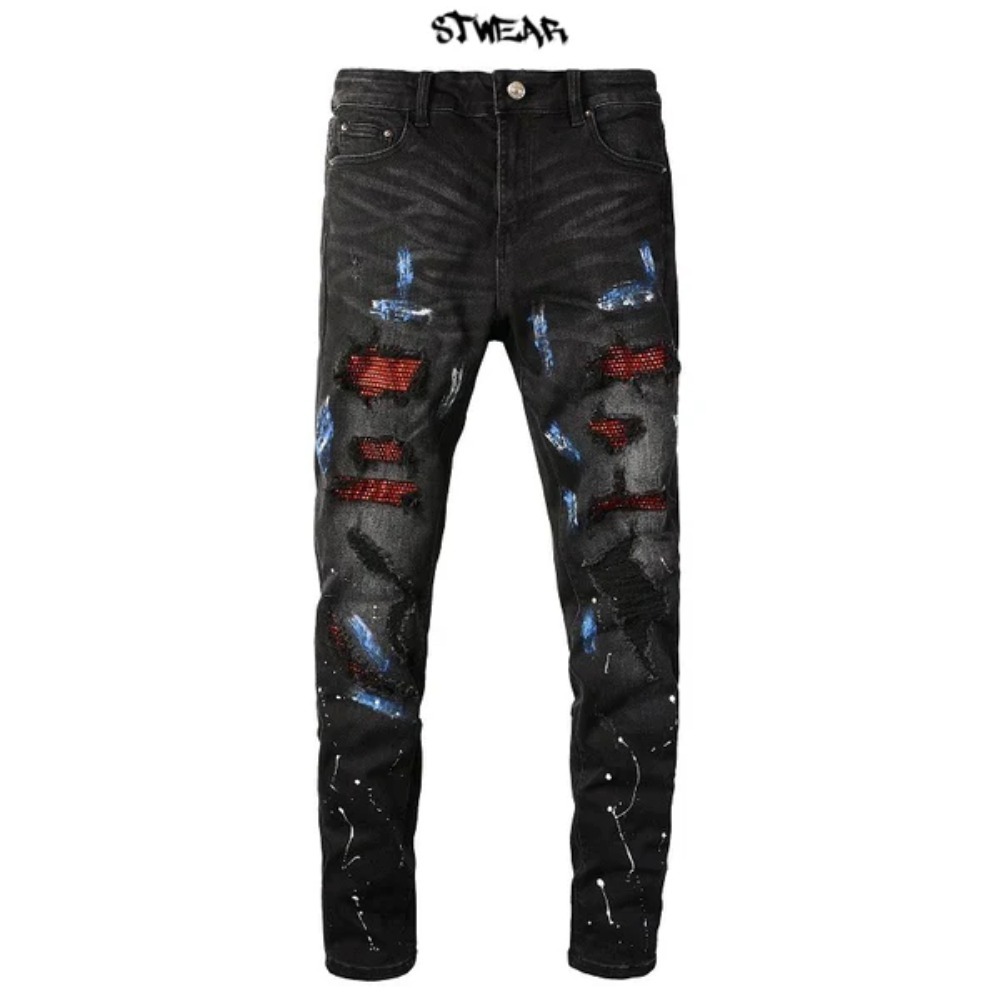 『STWEAR』大人気!! UKドリルダメージジーンズDIAMONDS SANTANA STWEAR】大人気♪ UKドリル UNYVERSE ダメージ パッチジーンズ