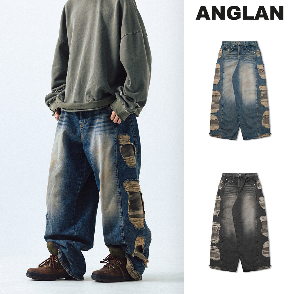 【ANGLAN】Camo Mix Damage Denim Pants