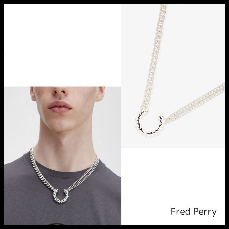 人気【Fred Perry】月桂樹 ロゴ ダブル チェーン ネックレス 銀