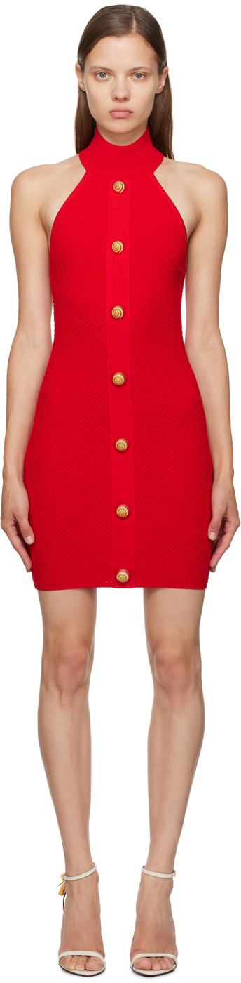 【関税込み】Balmain レッド ホルターネック ミニワンピース