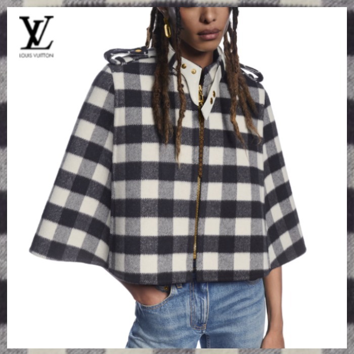 Louis Vuitton《ダブルフェイス チェックケープ》紺 ウール 直営