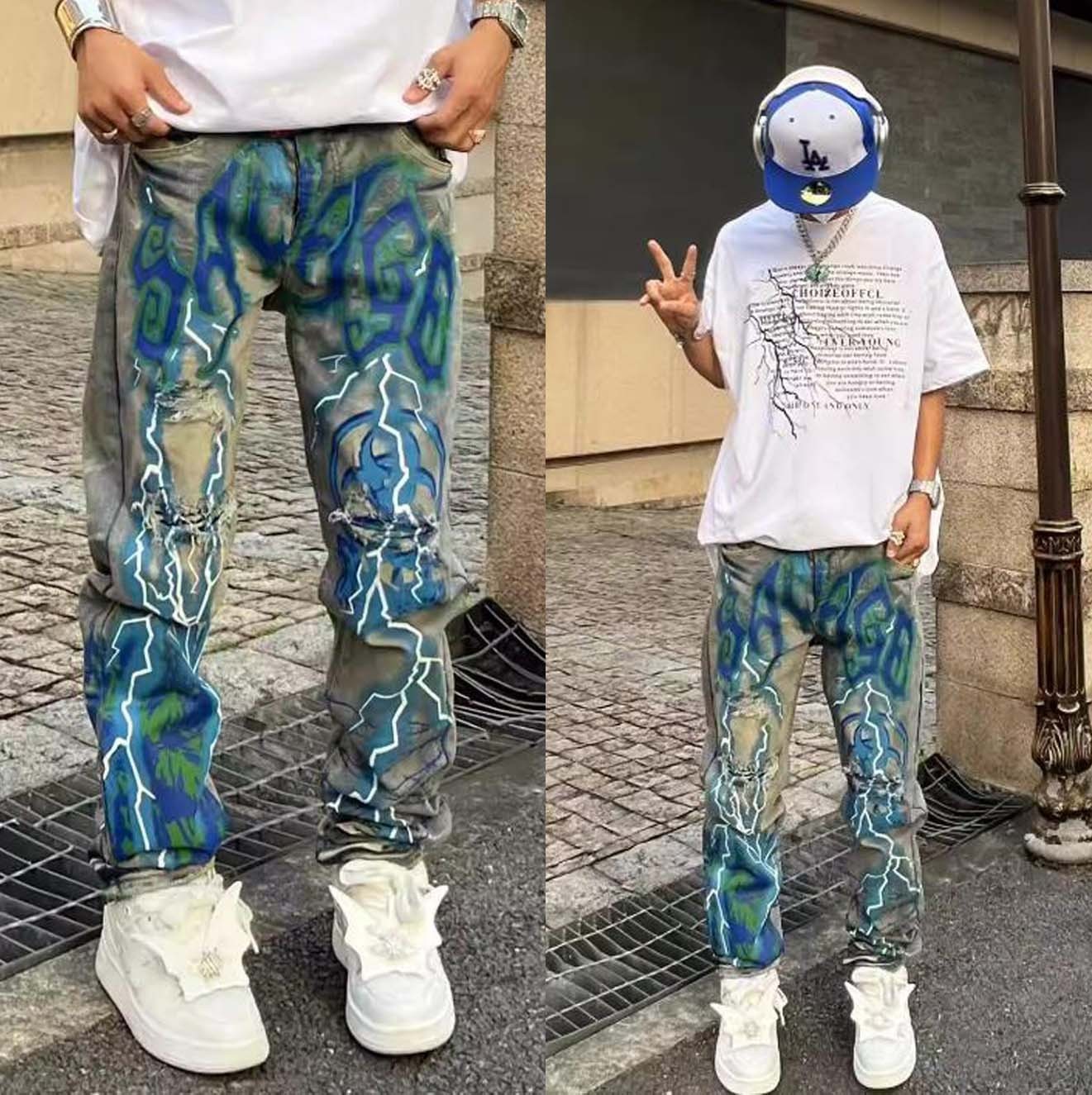 ストリートダメージ加工ストーム柄いなずまGパンデニムパンツ
