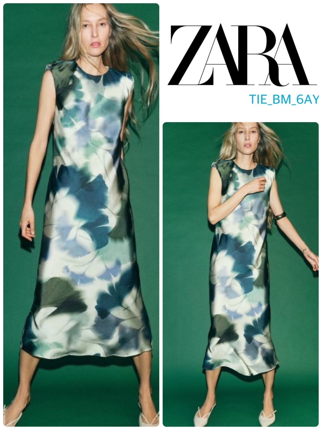 スペイン発送 ZARA プリントサテンミディドレス 上品カジュアル