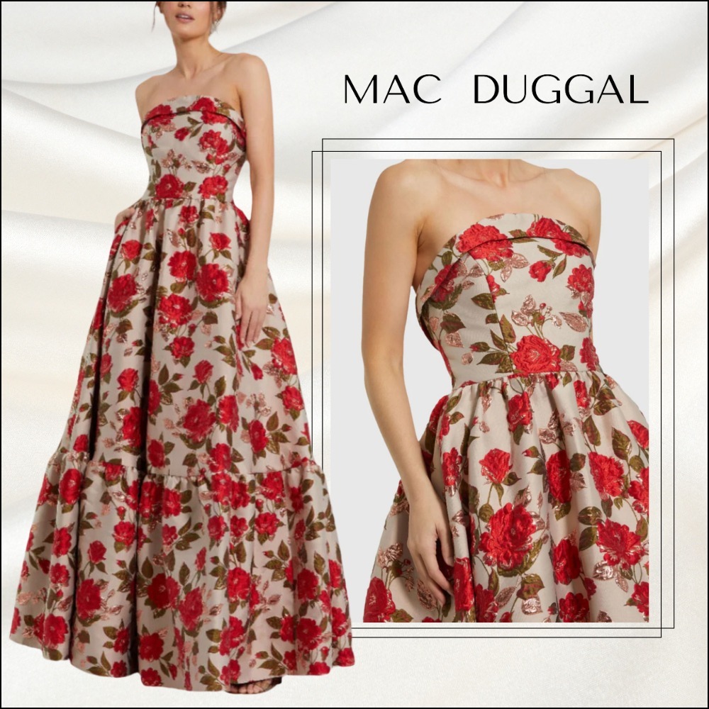 関税送料込【MAC DUGGAL】ロング ドレス ベアトップ 花柄 レッド