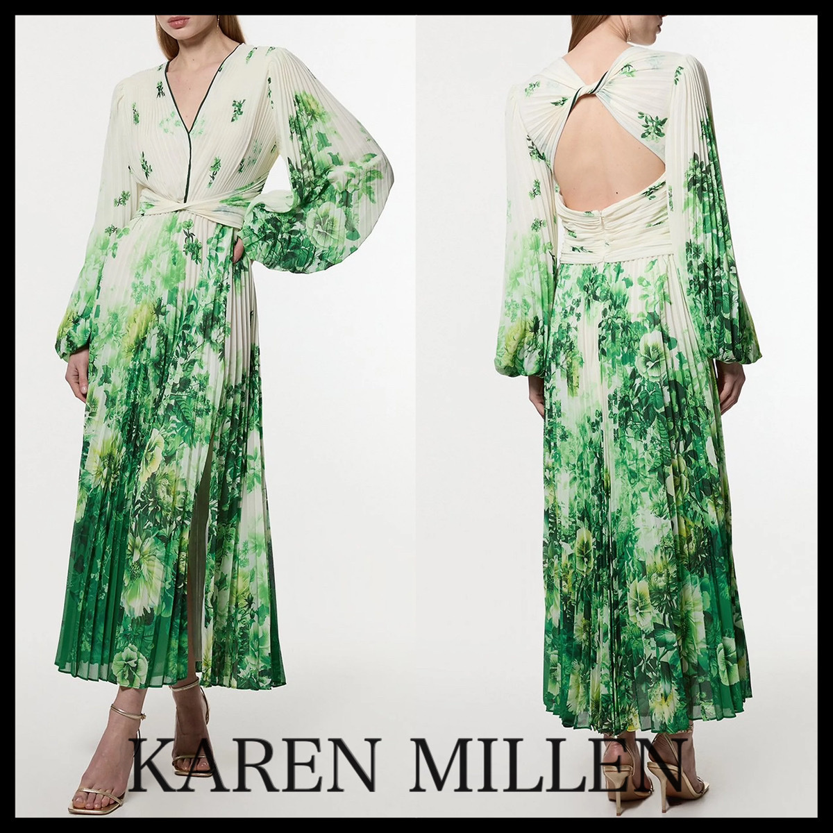 TADASHI SHOJI レース長袖イリュージョンAラインロングドレス緑