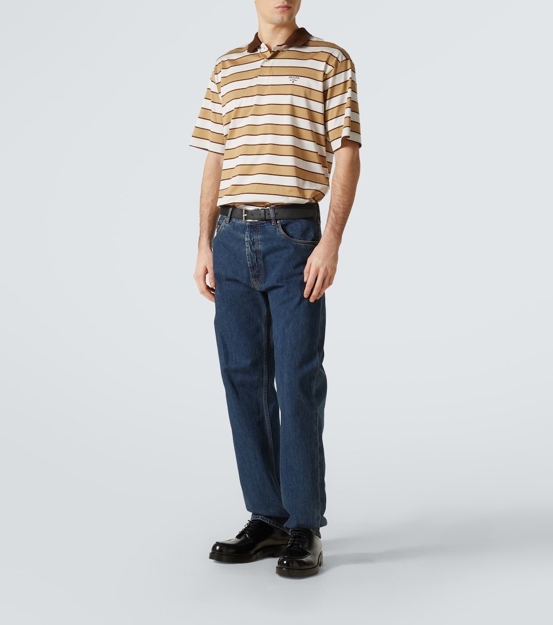 希少】PRADA ストライプ コットン ポロシャツ 半袖 キャメル