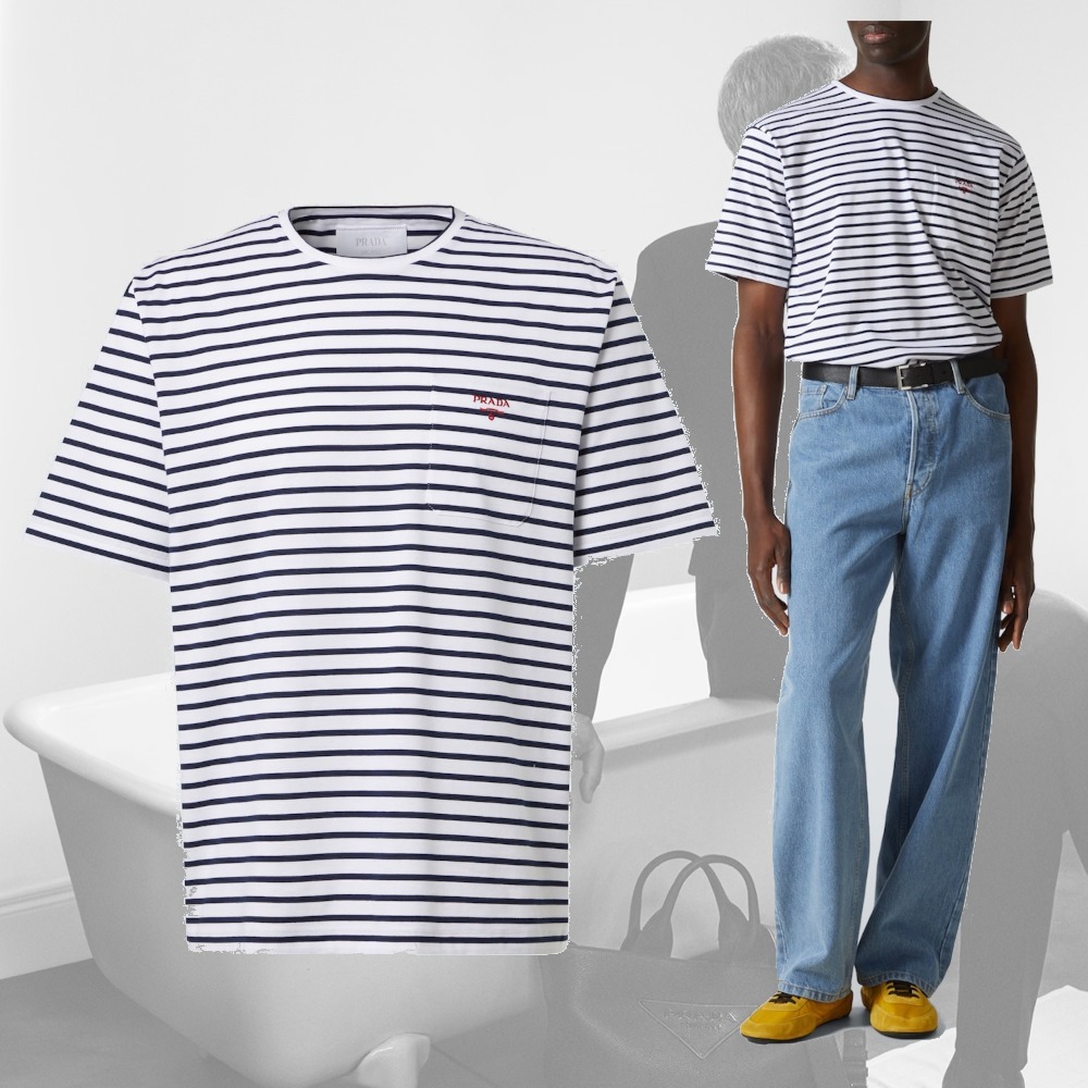 【希少】PRADA ストライプ コットンジャージー Tシャツ 青×白