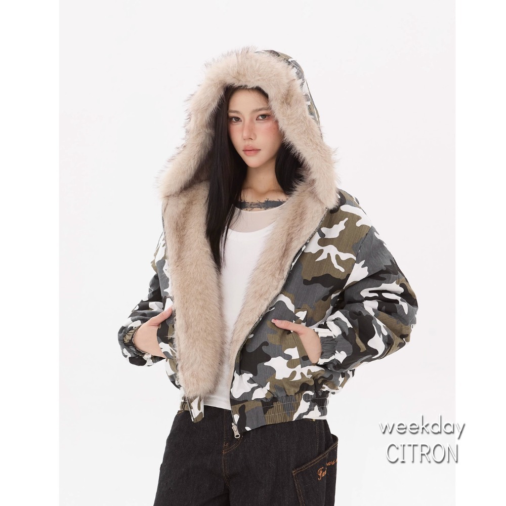 リバーシブル 裏ファー ジャケット 2色 迷彩 花柄 韓国 cr7936