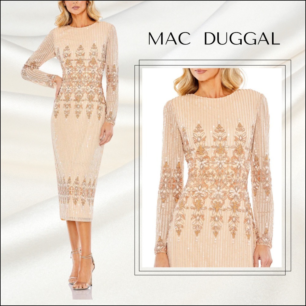 関税送料込【MAC DUGGAL】ミディ ワンピース ビーズ ベージュ