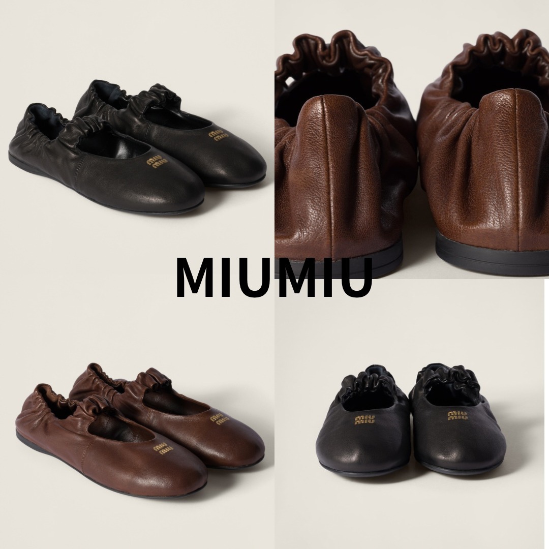 ◆完売必至◆【MiuMiu】ナッパレザー バレリーナ MIUMIU】ナッパレザーのフリルバレリーナ