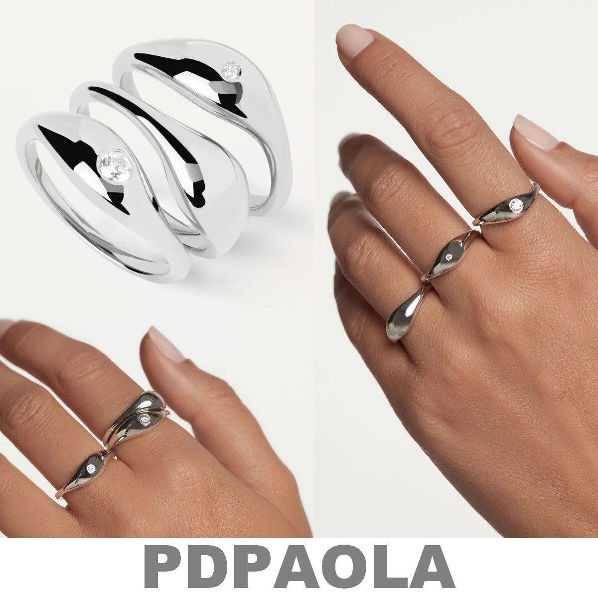 【3本Set】PDPAOLA◆Silver 925 x ラインストーンリングトリオ◆
