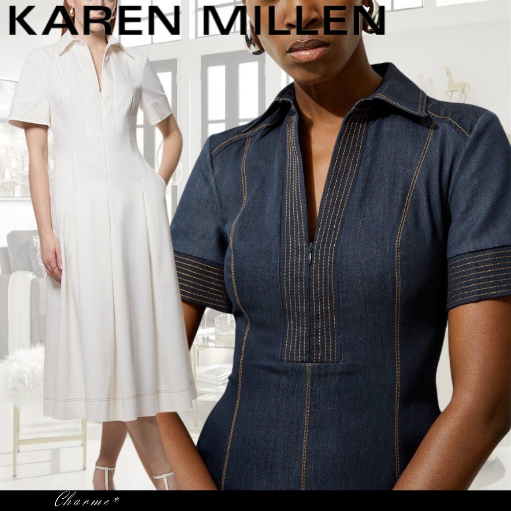 KAREN MILLEN ドレス ミディワンピース 半袖 フレア Vネック 襟
