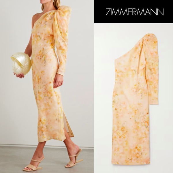 【Zimmermann】Crush one-sleeve floral-print midi dress