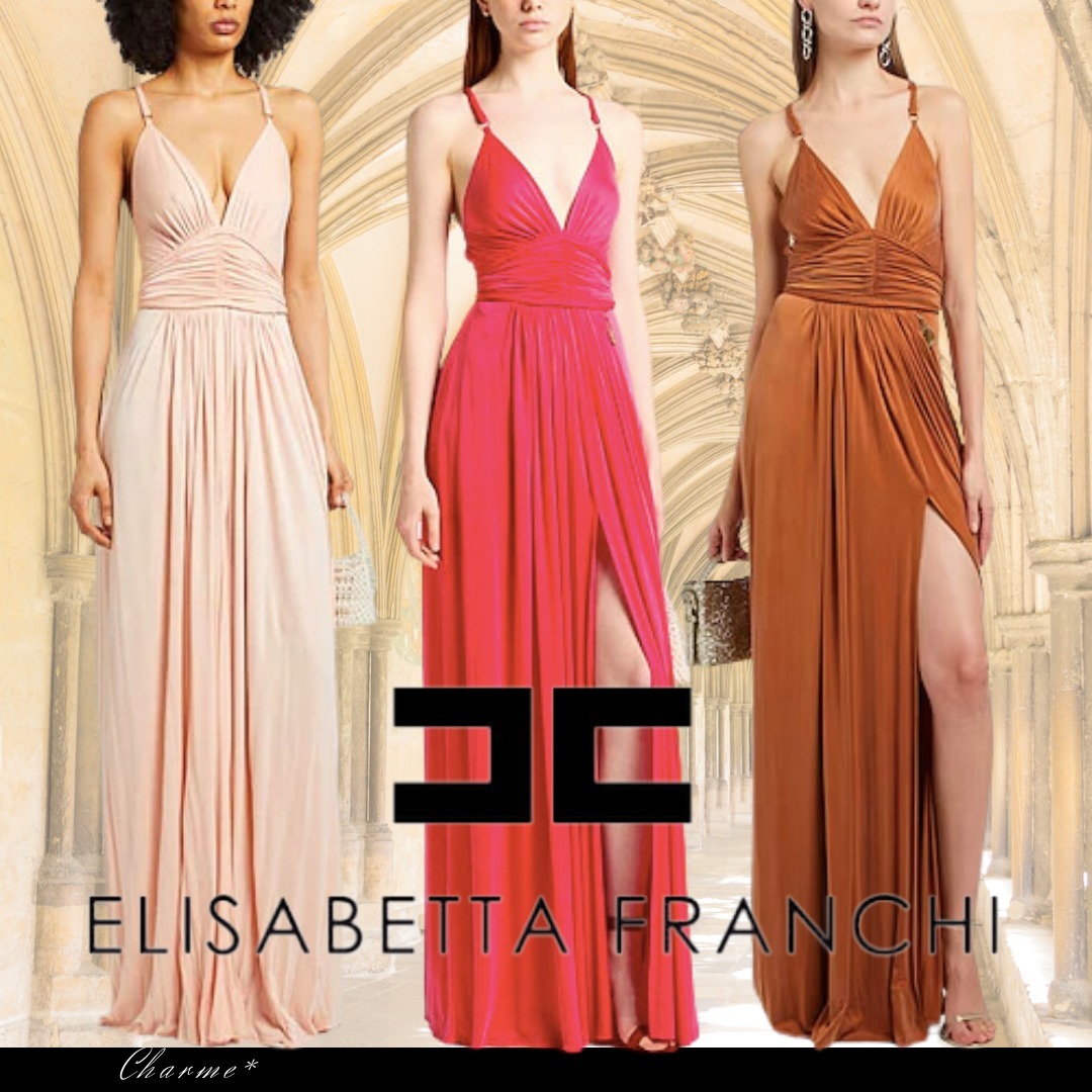 ERISABETTA FRANCHI パーティドレス ロゴ ワイドネック フレア